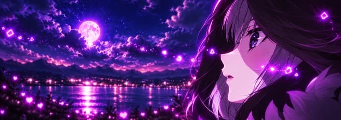 Scarlet's violet anime illustration beside a moonlit lake